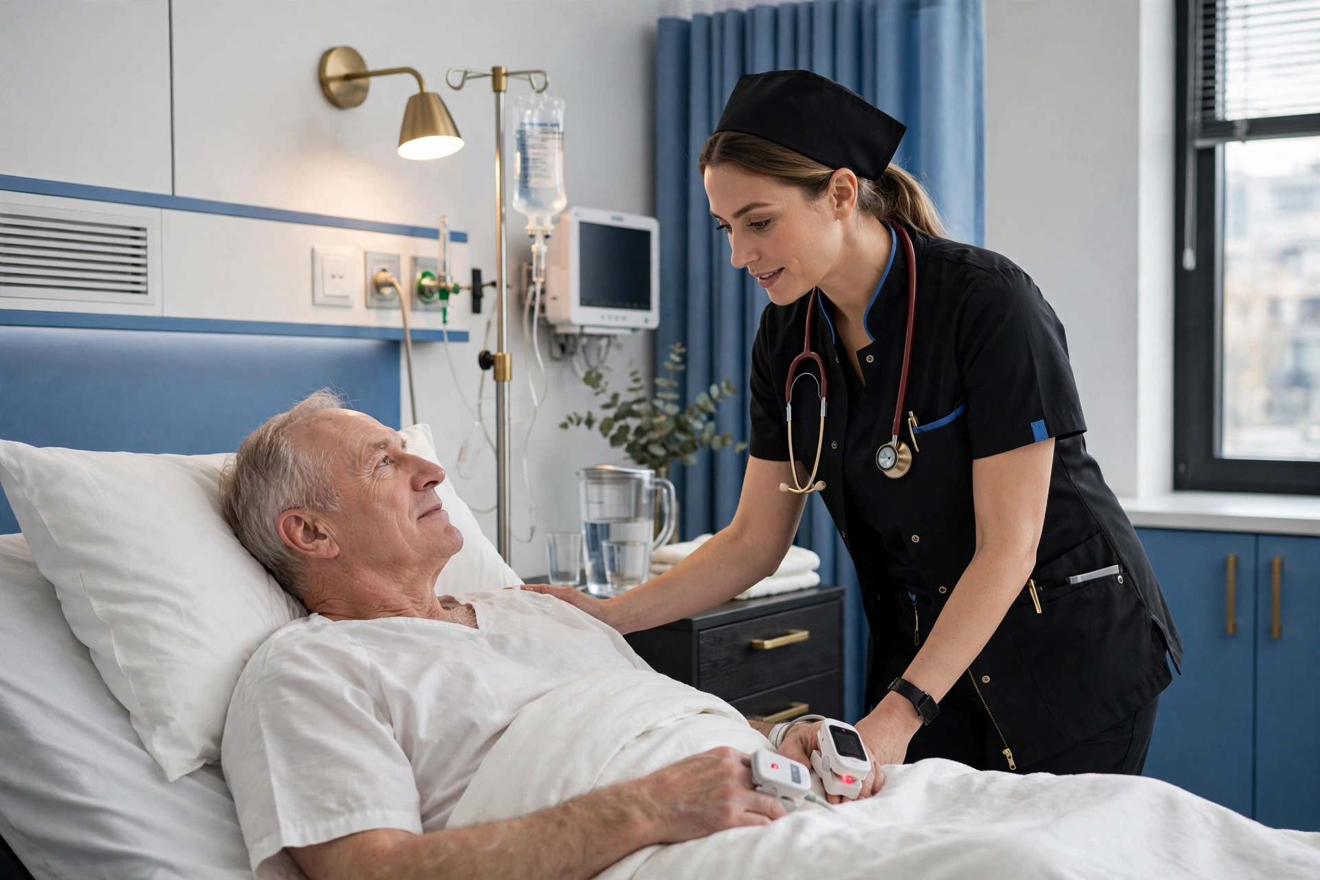 Nurse caring for a patient at his bedside in a hospital room