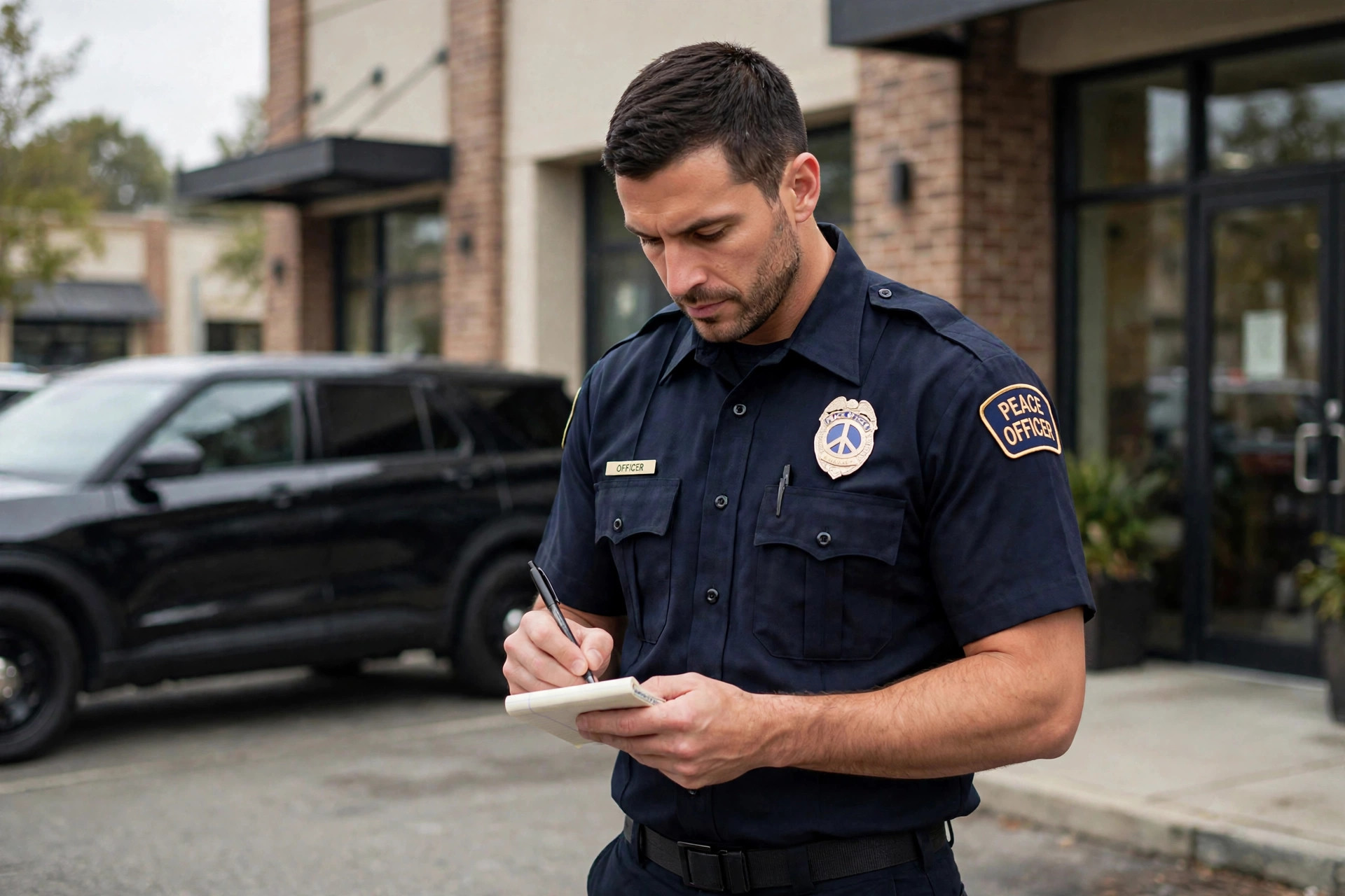 Peace officer writing field notes outside a commercial property
